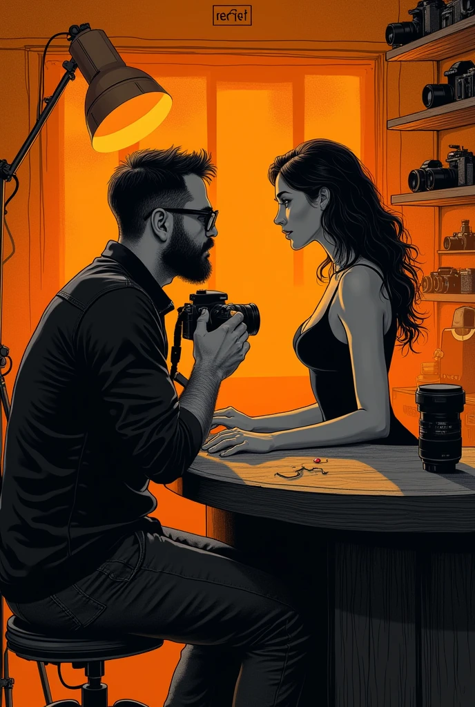 There is a 30-year-old photographer,Photographing a beautiful woman,Photographer with short beard, short hair, (slightly overweight), wear glasses, Sit at the bar,Directing a model,, In his studio, With tripod,Using the Camera, There are many cameras in the cabinet,Popular on Art Station, Play Techno House Music, Music playing, listen to music, Milton Caniff (Milton Caniff) Beautiful illustrations, Duotone, Two colors, Black and Orange, , , ink, masterpiece