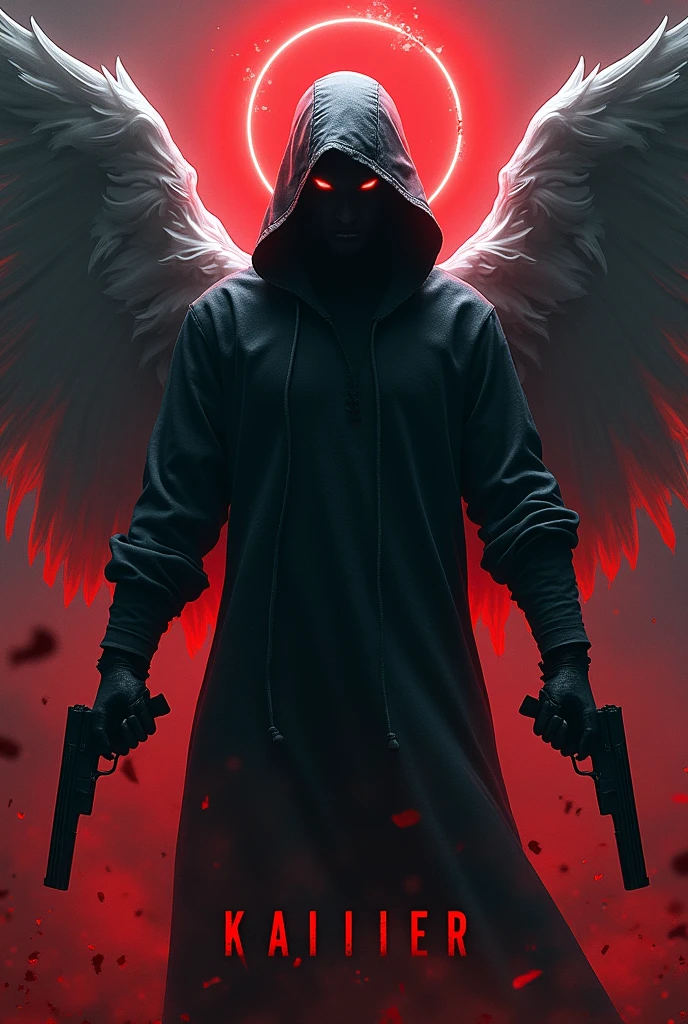 Black hooded man, mysterious, red eyes, bloody angel halo above head, half white and black angel wings, bloody background, holding two guns, word “kaliber” in large text below it, hyper realism, logo