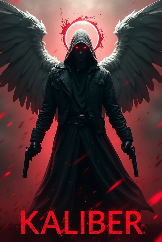 Black hooded man, mysterious, red eyes, bloody angel halo above head, half white and black angel wings, bloody background, holding two guns, word “kaliber” in large text below it, hyper realism, logo
