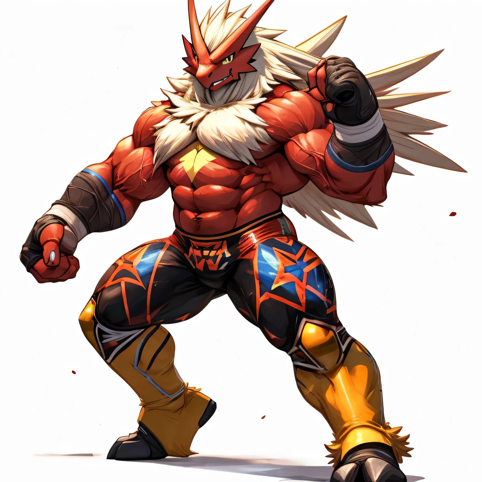 tall BLAZIKEN pokemon,wrestler, (masterpiece,best quality:1.4), looking at viewer, veins popping,high stature,heavy weight plump,muscular belly, bulky chest,muscular tighs,focused on long legs,sweaty and glossy skin,Black wrestling spats, raise leg, fighting pose,full body standing, white background