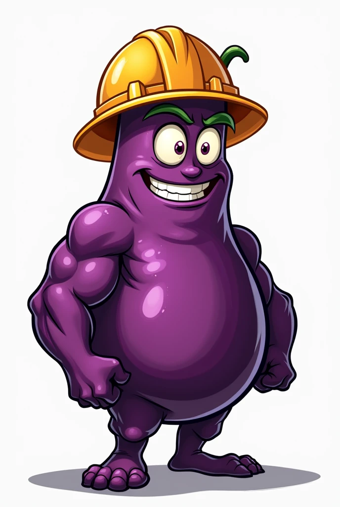 cartoon hard hatted male eggplant with a sexy look and have veins