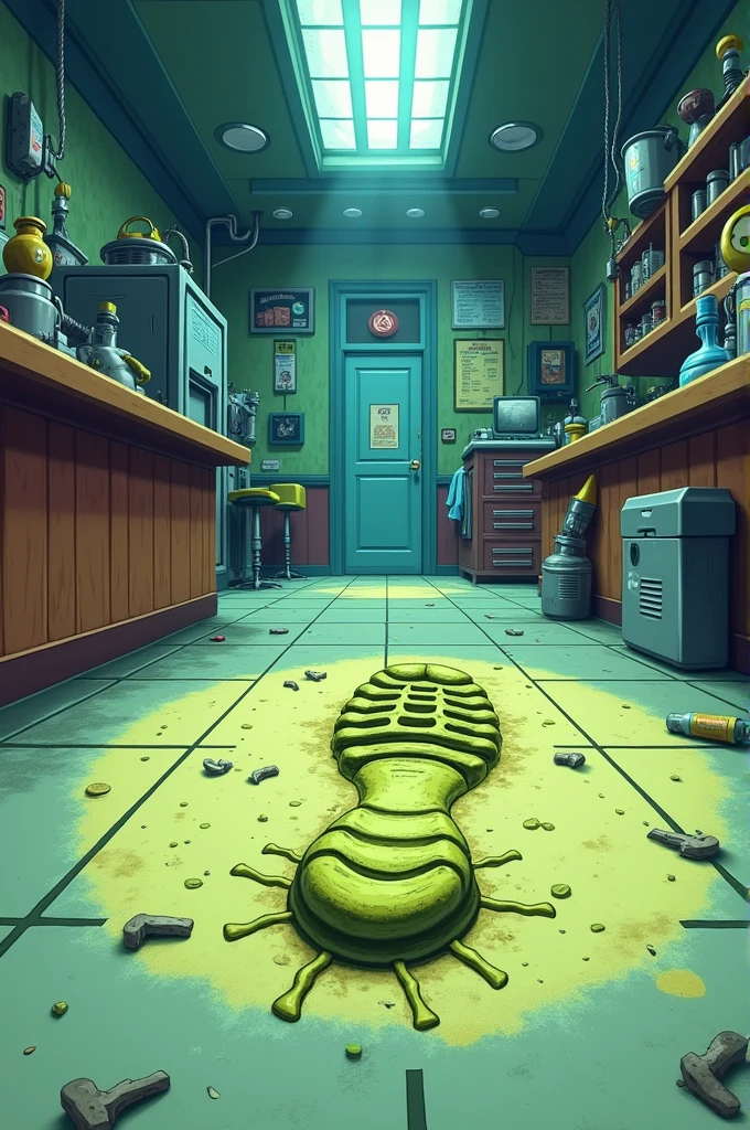 Plankton’s footprint at home to show that he is at home that time, shows me the foot print on the floor