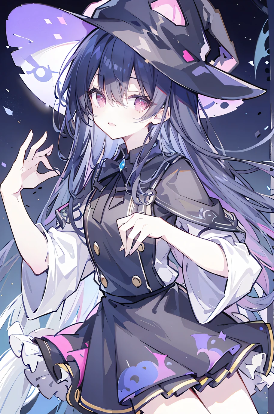 oung Girls,Humanity,A magician always smiles,big witch hat,cute,dark blue long hair,The eyes are dull,The bangs are heavy,Thin eyebrows,fantasy,intake,Double teeth,Star Theme,Constellation pattern,Solid color clothetal decoration,cloak,A bit of a dark atmosphere,A little crazy smile,When the big moon shines outside at night,blood,Hair black star embellishment,Short tie,No nails,High waist skirt,Bell sleeves,Long-sleeved shirt,Black tie,low risk,gentlemen。Mist、Yellow and white effect，Shocking pink as an accent color
