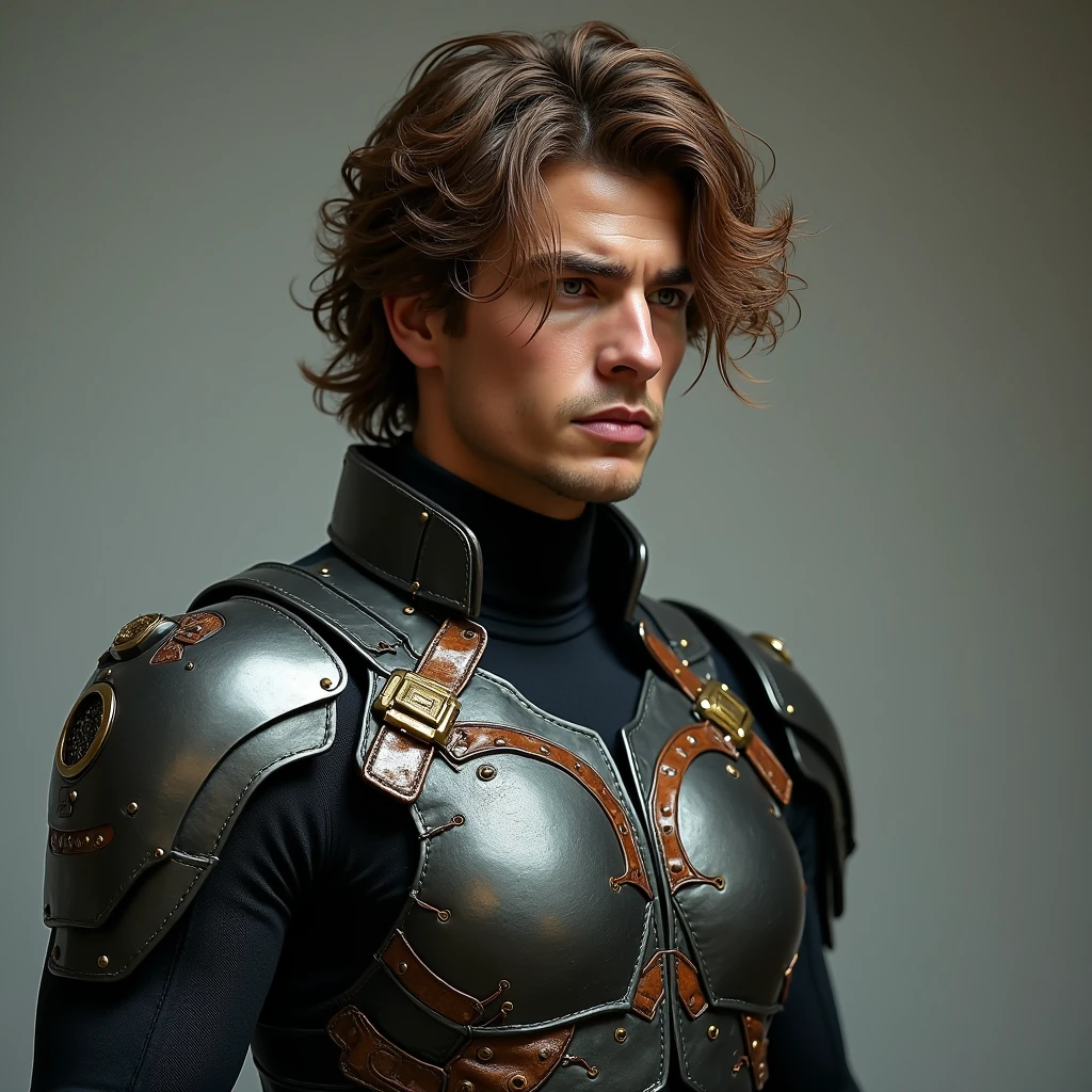 Photograph of a man in a cyberpunk super hero uniform with brown hair, intricate details,