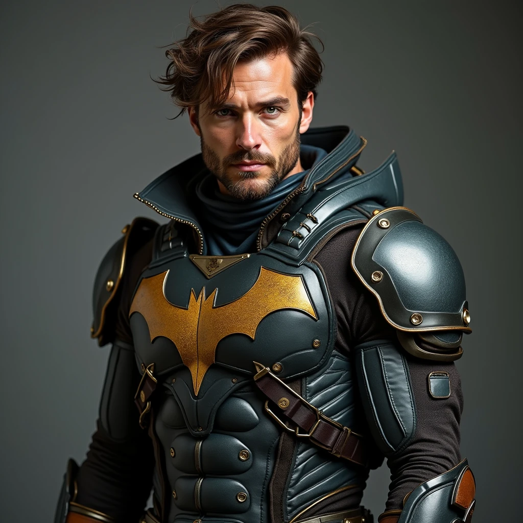 Photograph of a man in a cyberpunk super hero uniform with brown hair, intricate details,
