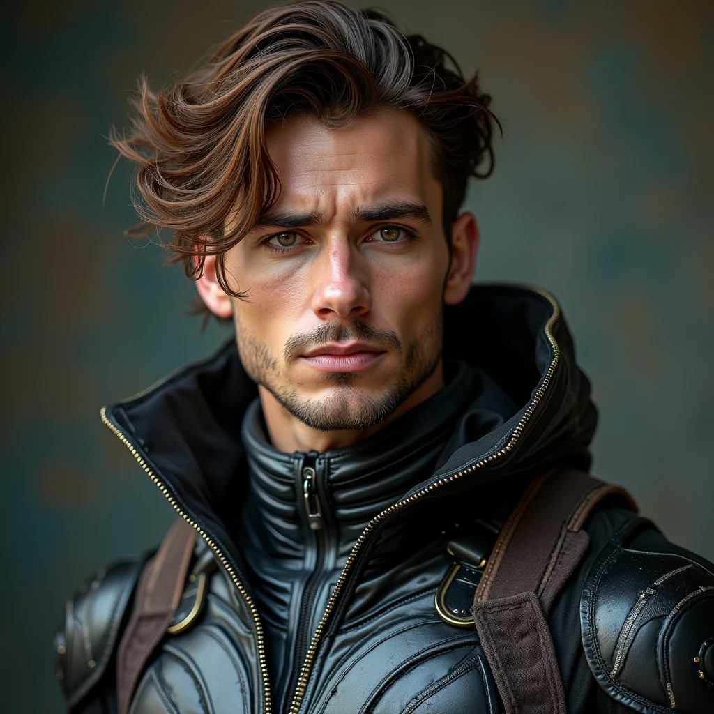 Photograph of a man in a cyberpunk super hero uniform with brown hair, intricate details,