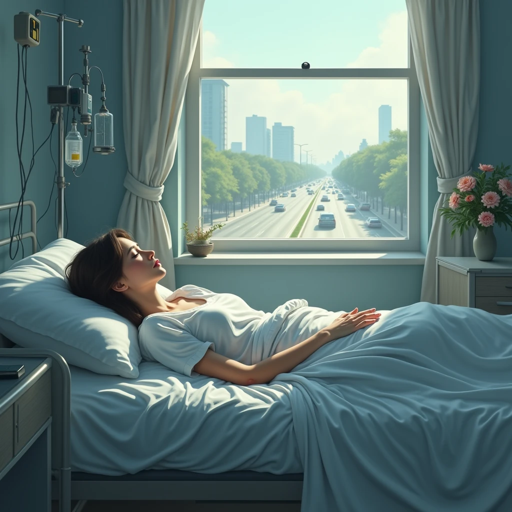a young woman on a hospital bed and a window