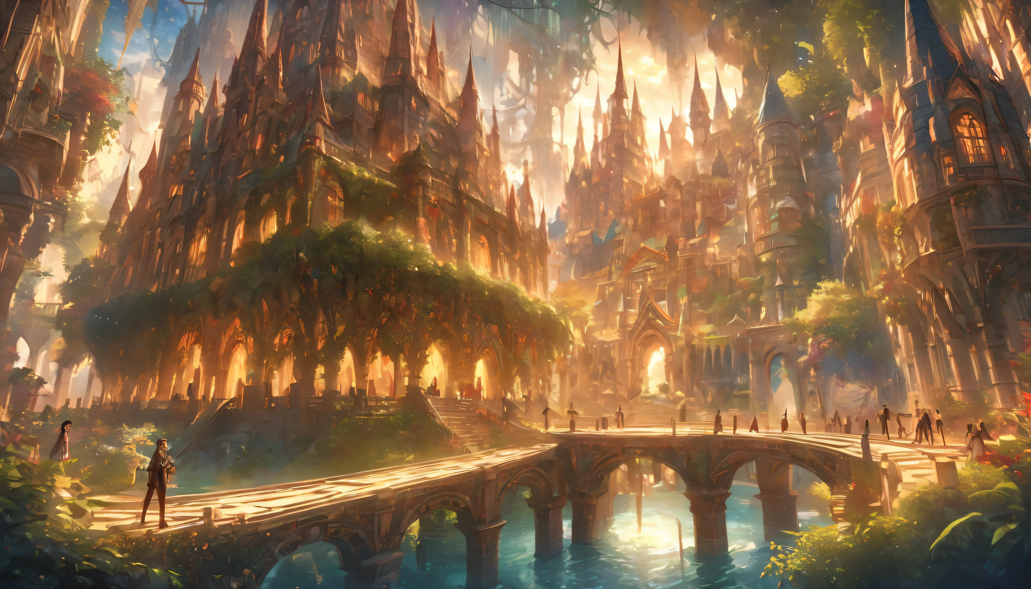 In the heart of a fantastical maze, a wondrous world unfolds: a lush forest surrounds a majestic castle, its towering spires reaching towards the sky. This mesmerizing painting captures every intricate detail of the intricate landscape, from the tangled greenery of the maze to the stone walls of the castle. The vibrant colors and rich textures bring a sense of magic and wonder to this enchanting scene, transporting viewers to a realm of imagination and adventure.