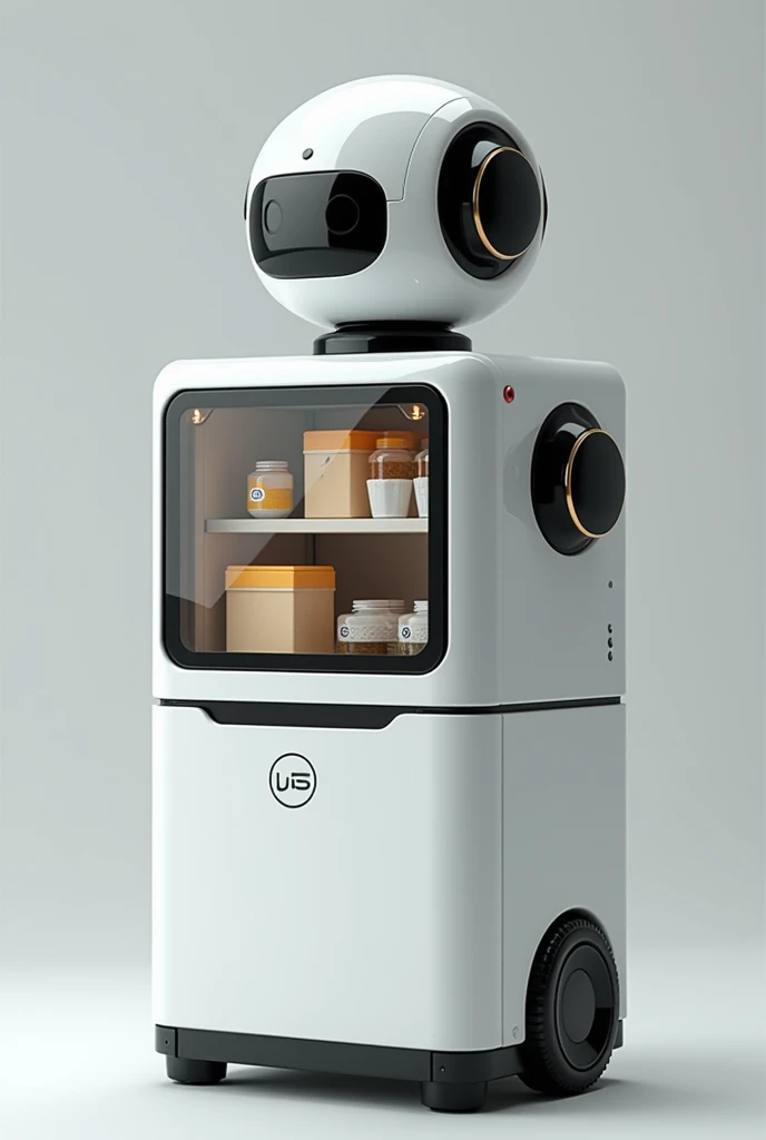 Cute and friendly Service robot have no legs nor arms that can put something inside its square cabinet body, tall and have transparent display . Mostly white colour. And slightly black