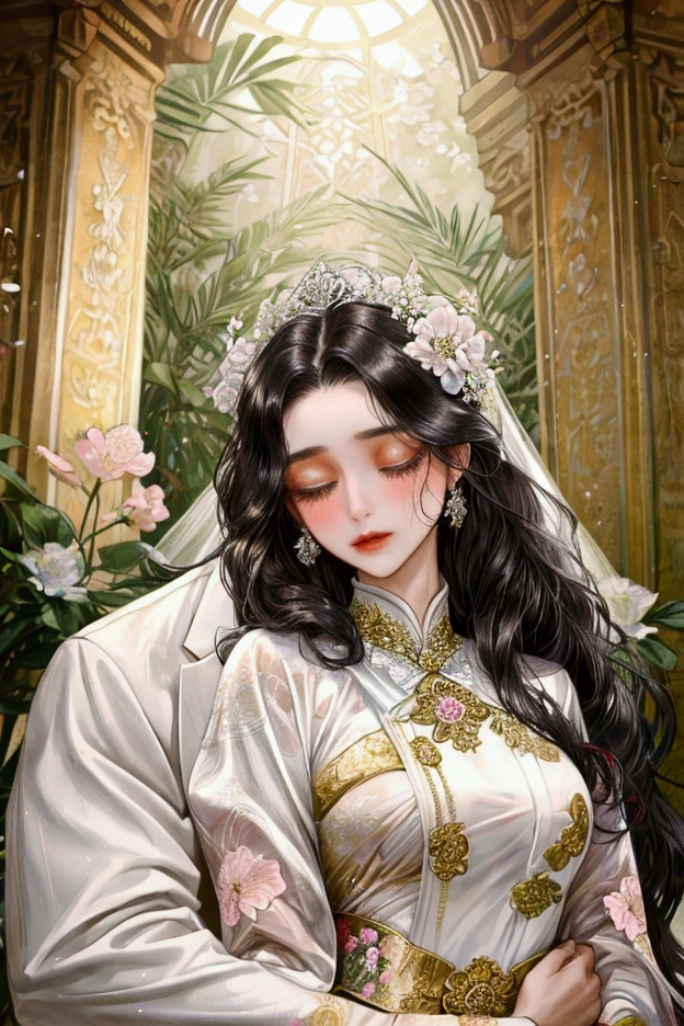 masterpiece, best quality, couple, hugging and kissing in flower bloom forest, black wavy hair, flower blossom, white wedding suit, javanese style, detailed, accurate
