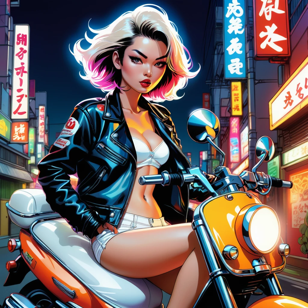 By Mitch O'Connell, by Chris Cooper aka Coop, Japanese girl on motor scooter, leather jacket, white panties, downtown Tokyo, at night, neon lights, smoking, poster style, comic book style, retro, bright colors, hard lines, edgy, punk aesthetic, dangerous atmosphere