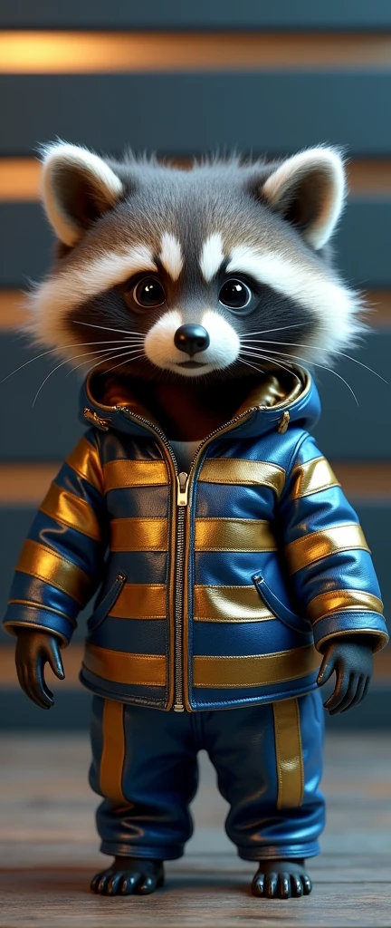 A captivating 3D render of a baby raccoon dressed in a stunning outfit of metallic azure and gold horizontal stripes. The raccoon's expressive face is the focal point, with its large eyes and adorable features. The pristine background showcases azure-black horizontal stripes, contrasting with the shimmering metallic vertical stripes on the raccoon. The sleek, metallic background juxtaposes the soft, fluffy raccoon, creating a whimsical and sophisticated conceptual art piece that is both enchanting and elegant., conceptual art, photo, 3d render