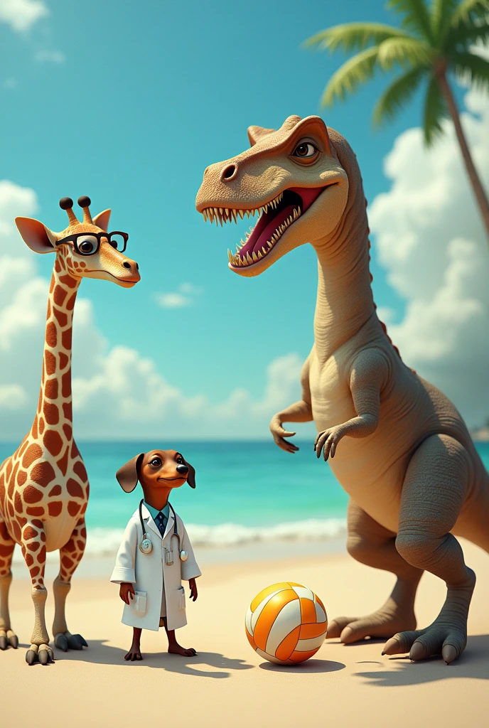 a giraffe with glasses, a dachshund dressed like a doctor and a tyrannosaurus with a volleyball ball on the beach