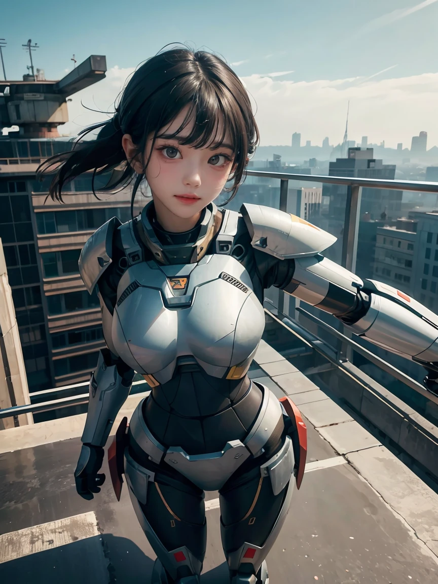 1girl, mecha, city, full body, floating, pov, from above, power armor, dynamic pose,