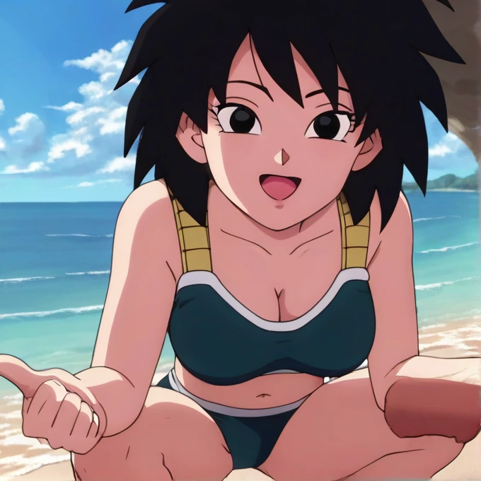 source_anime, score_9,score_8_up, score_7_up, ginedb, anime screencap, 1girl, solo, looking at viewer, smile, medium breasts, black hair, beach, medium breasts, smile, standing, thumbs up whit right hand, medium hair, black eyes, spiked hair, eyelashes, masterpiece, best quality, very aesthetic, underwear, green bra, only red brasier, sexy underwear, black blue panty, green blue skies, sunlight, light skies, standing, a little crouched, watching at viewer 