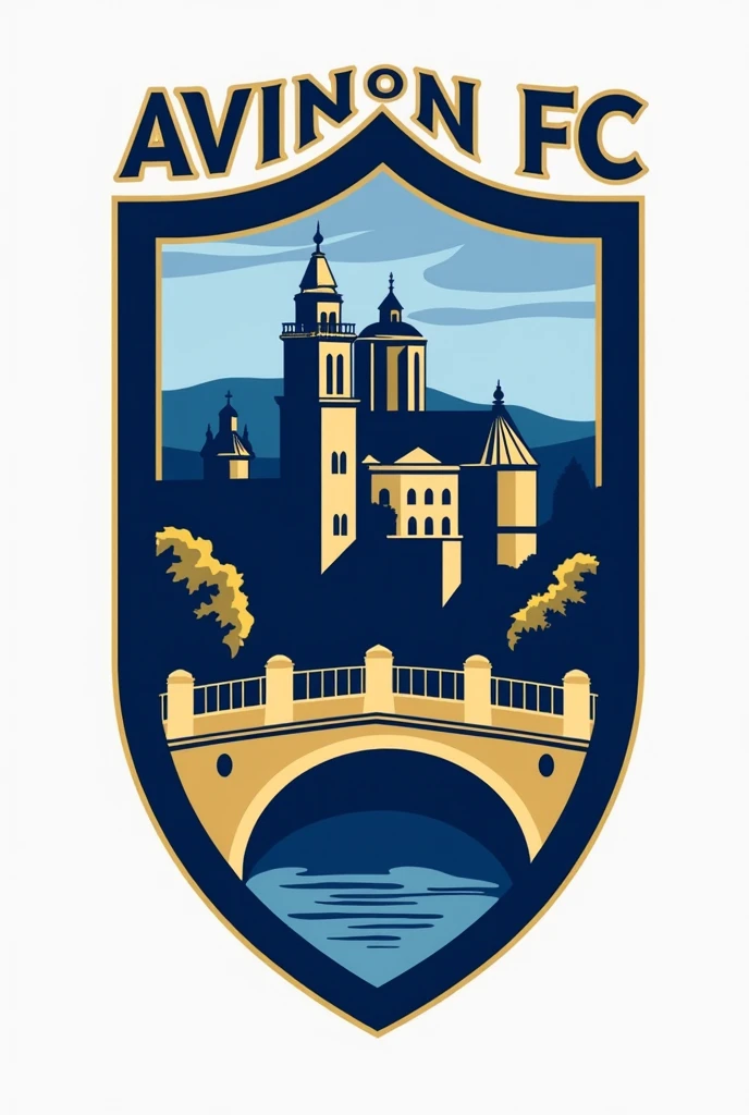 Un emblème en forme de bouclier avec une silhouette du Palais des Papes en arrière-plan.
Une représentation stylisée du Pont d'Avignon au centre.
Les couleurs bleu royal et or dominent le design, avec le nom "Avignon FC" inscrit en lettres capitales en haut du logo.