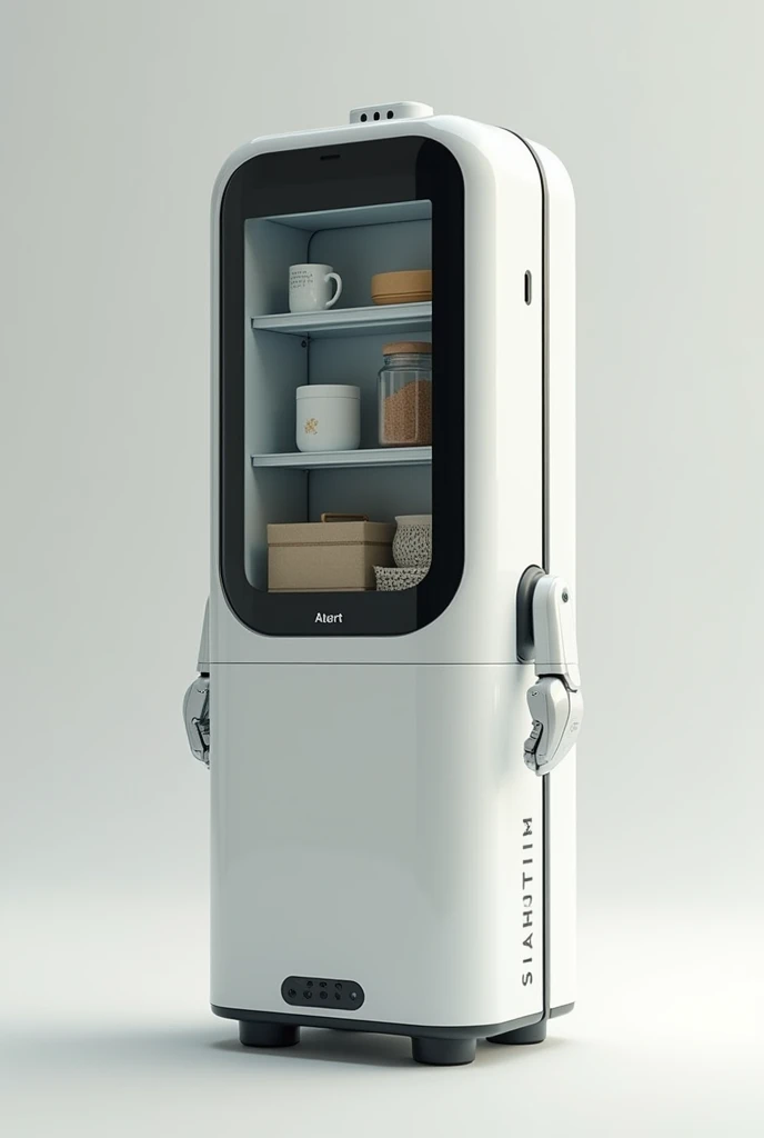 Cute and friendly Service robot have no legs nor arms that can put something inside its square cabinet body, tall and have transparent display . Mostly white colour. And slightly black