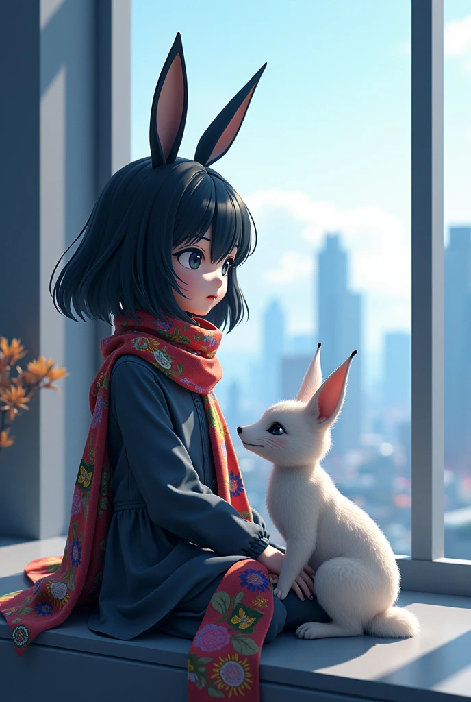 Black medium long hair with black rabbit ears and black eyes, ustida moviy fudbolka boynida gulli rang barang sharf chiroyli robot qiz computer qarab Katta deraza yonida otiribti yonida toqqiz dumli Tulki bor anime 3d