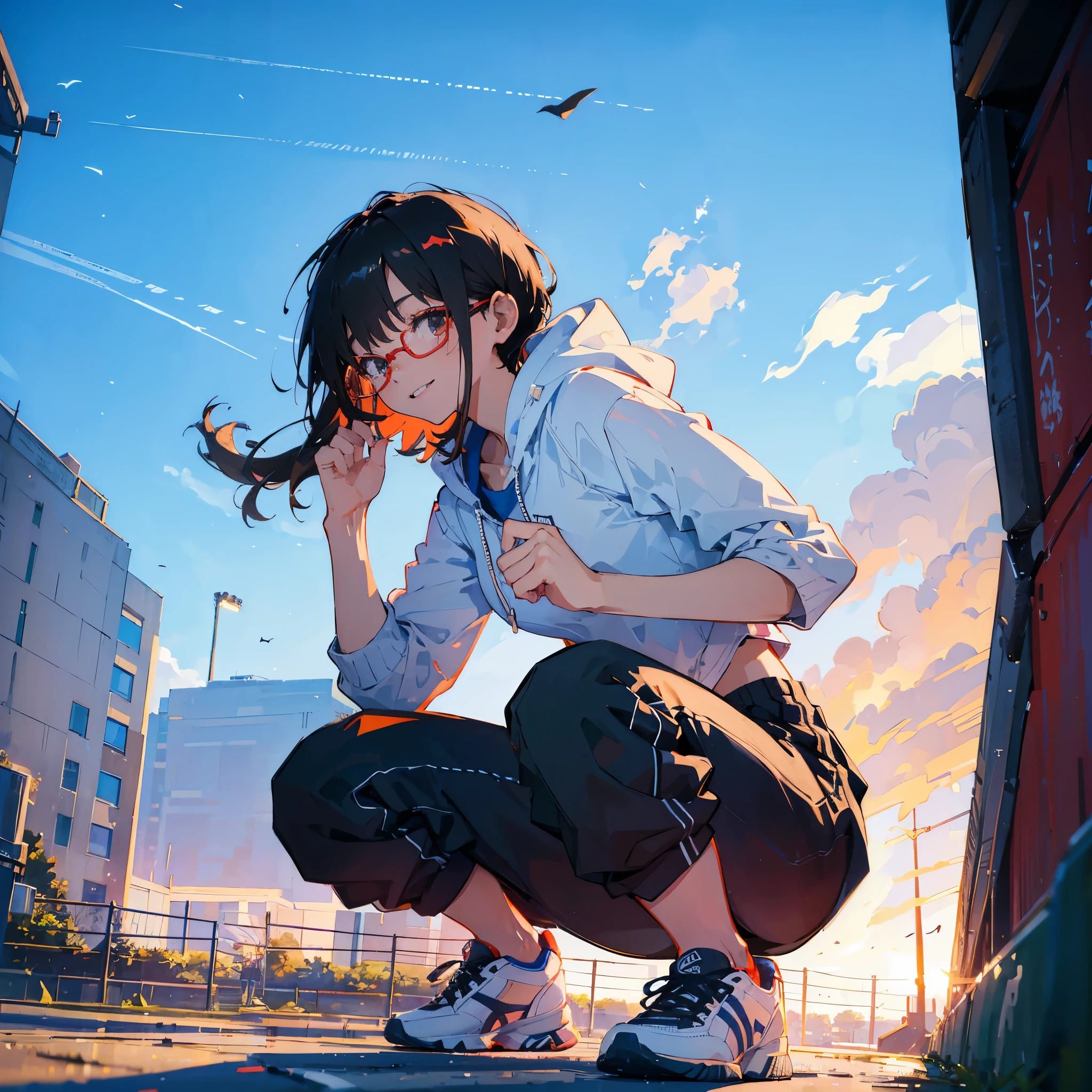 (Sportswear)、hoodie、Flying debris、Highest quality、An illustration、Great quality、OK、High resolution、8k wallpaper、Perfect dynamic composition、(((Ezvian everywhere)))、((Black Hair、Shortcuts))、cute 20 year old、Beautiful face in every detail、Small and cute eyes、Fine skin、(Shortcuts:1.3)、(Red glasses)、Small breasts、smile、athlete、Athletics、女子Athletics選手 ((Tie your hair back)) Walk a short distance ((squat、start))、((running shoes))