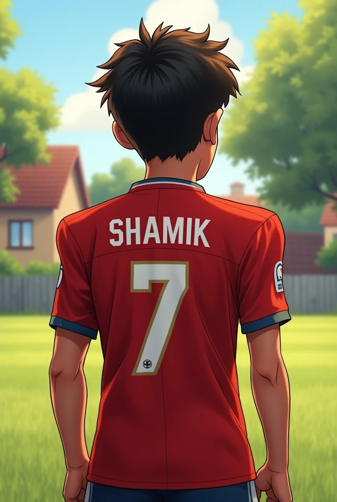 A boy stand with football Jersey and written Shamik 7 on the back side of the jersey 