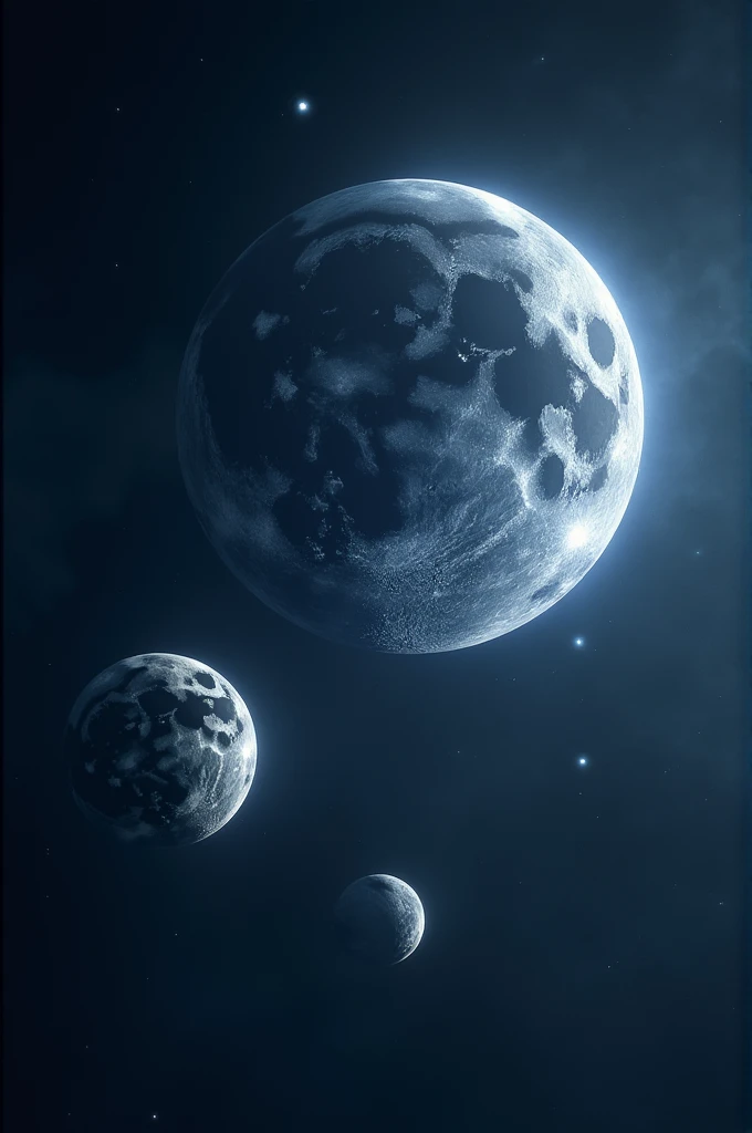 Sky with three moons, a large one, a medium one and a small one