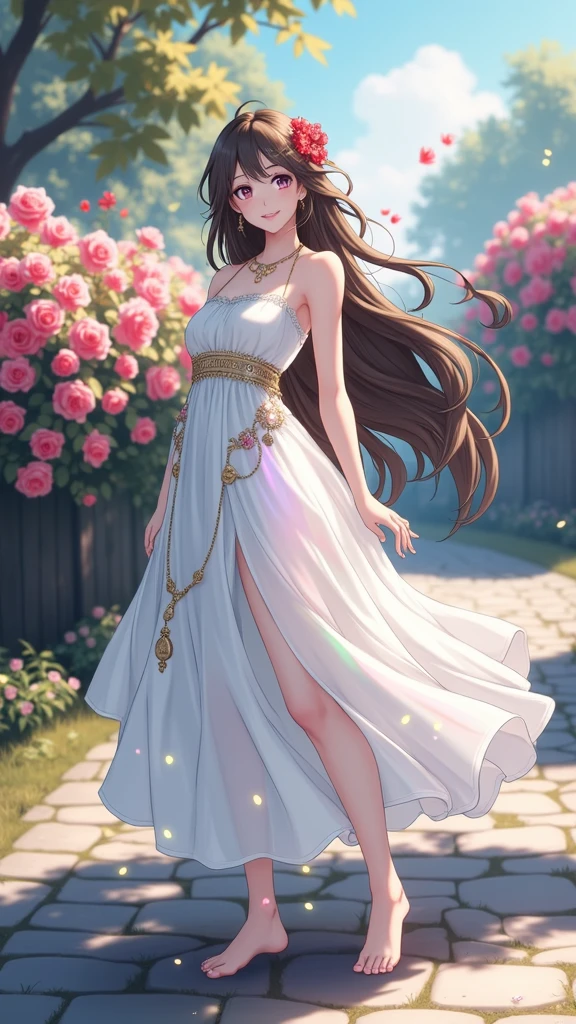 (masterpiece、Highest quality、8k、High resolution)、(One female、Beautiful Face、Beautiful eyes、Beautiful lips、Beautiful nose)、smile、The white upper teeth are faintly visible、Brown-black hair、(The best girl in anime)、garden、blue sky、Colorful flowers are blooming、Vibrant colors、Red roses are beautiful、(Body、whole bodyから神秘的な光の粒子、Colorful light particles、A mysterious light glowing around the head)、melt、jewelry、necklace、dress、(whole body)、Highly detailed anime art、A complete portrayal、