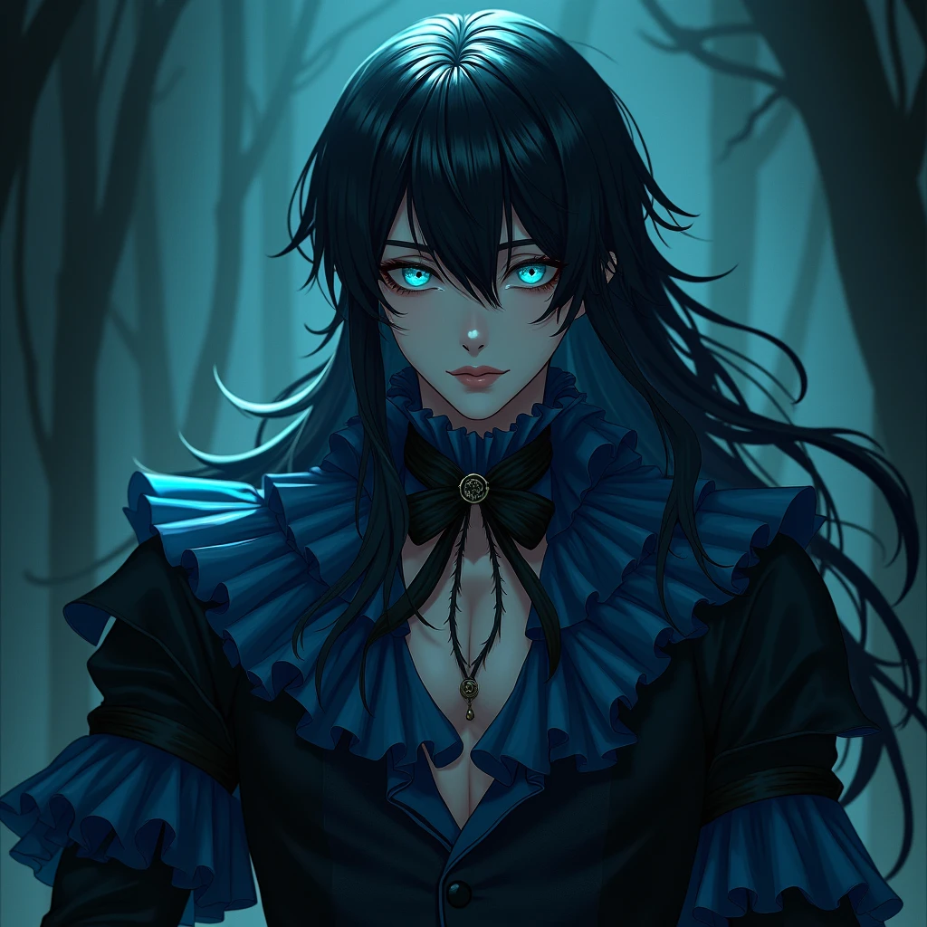 Long black hair. Teal blue eyes, Male, Blue and black frilly gothic clothes, Surrealism, Sexy, Masterpiece, Shiny, Gloomy effects, 8k, super detail, Shiny, Beautifully detailed, Pretty drawn. Anime style. Sexy pose, hot. Seductive pose. Anime style.