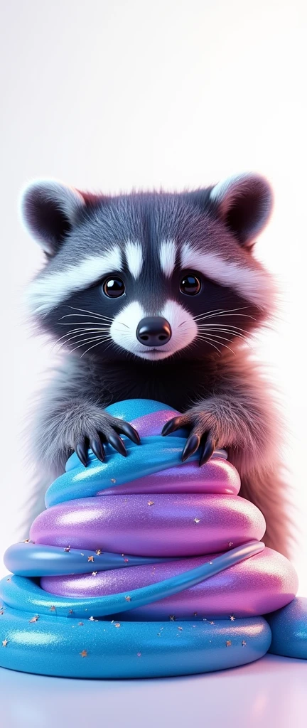 A captivating 3D render of a realistic raccoon, captured in a mesmerizing close-up, with its extra fluffy fur creating a charming and cuddly appearance. The raccoon's expressive eyes and adorable facial features draw the viewer in. In the background, there's an advertisement photograph of a multi-layered slime creation, floating mid-air against a pristine white backdrop. The slime features a cobalt blue layer with star-like sparkles, a bright purple shimmer layer, and a pale reflective pink layer. These layers entwine like vibrant taffy, creating a visually stunning effect that highlights the beauty and versatility of the slime creations. The overall image is vivid and captivating, expertly conveying a conceptual art style with a cinematic quality., 3d render, conceptual art, photo