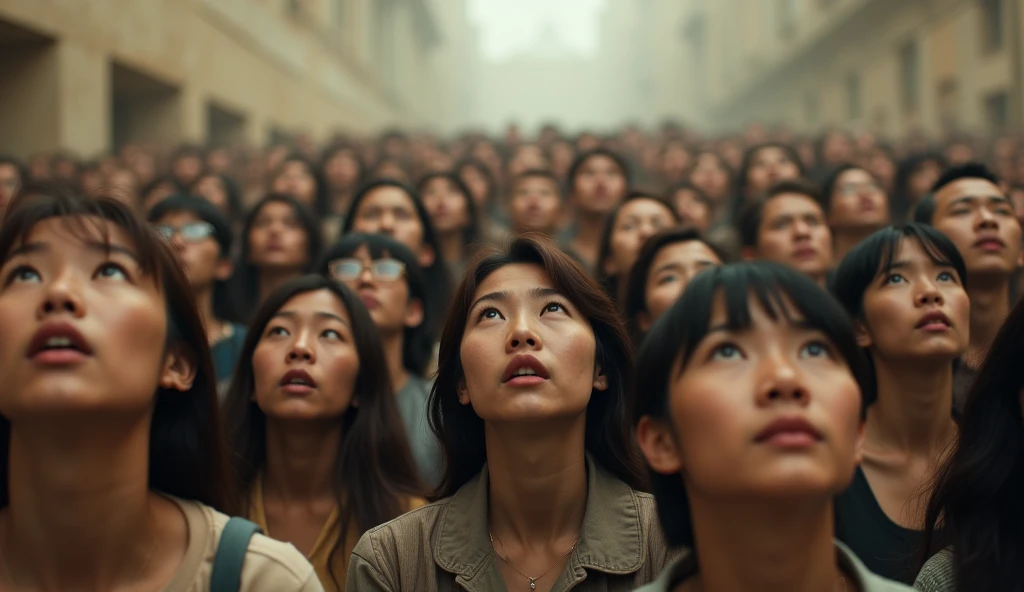 A large crowd of dirty asian people looking up in unison, with serious and astonished expressions on their faces. The scene is depicted in a realistic cinematic style with soft shadows and low contrast lighting. The background is blurred and abstract of a ruin city, ensuring the focus remains on the individuals' faces and postures. The atmosphere is intense and contemplative, capturing the collective emotion of the crowd, hazy, heat, sandy, dust
