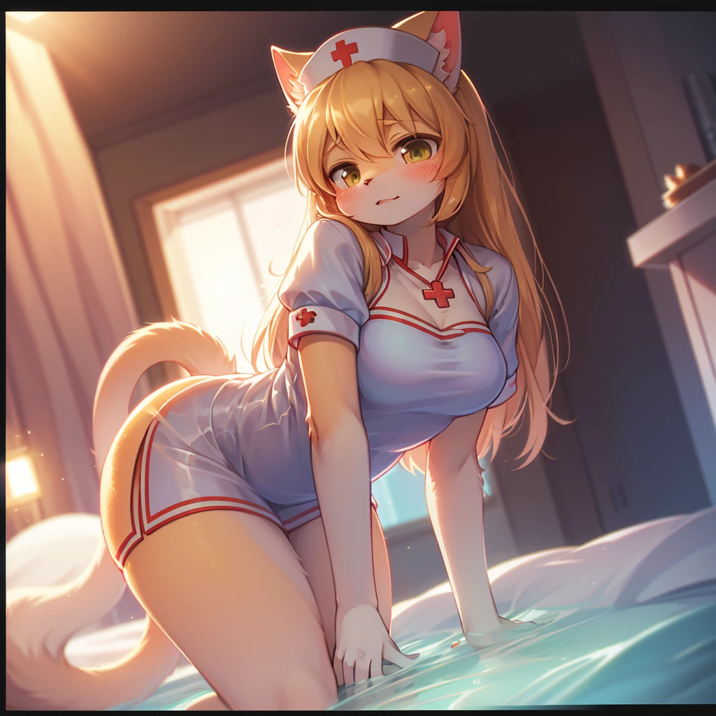 1girl, solo,yakumo ran, blonde hair,fox ears, fox tail, tabard, short hair, yellow eyes, multiple tails, bangs,anime, ((school swimsuit)),full body,bed room,(Big tits, sweaty, nipple line, straddling)