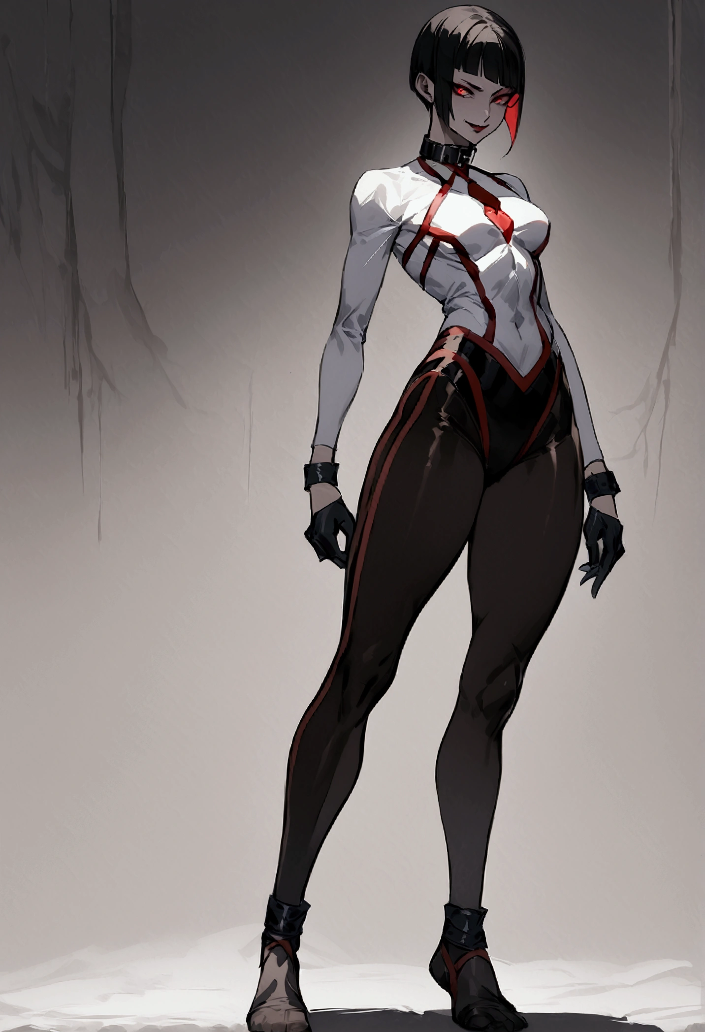fully body,standing,alone,short hair,work of art,face detailed,young fitness linda,Wearing black pantyhose,tight white sweater with collar ,neckleace,evil smile,red eyes glowing,labiaa,eye shadow,bangs on the eyes,black gloves