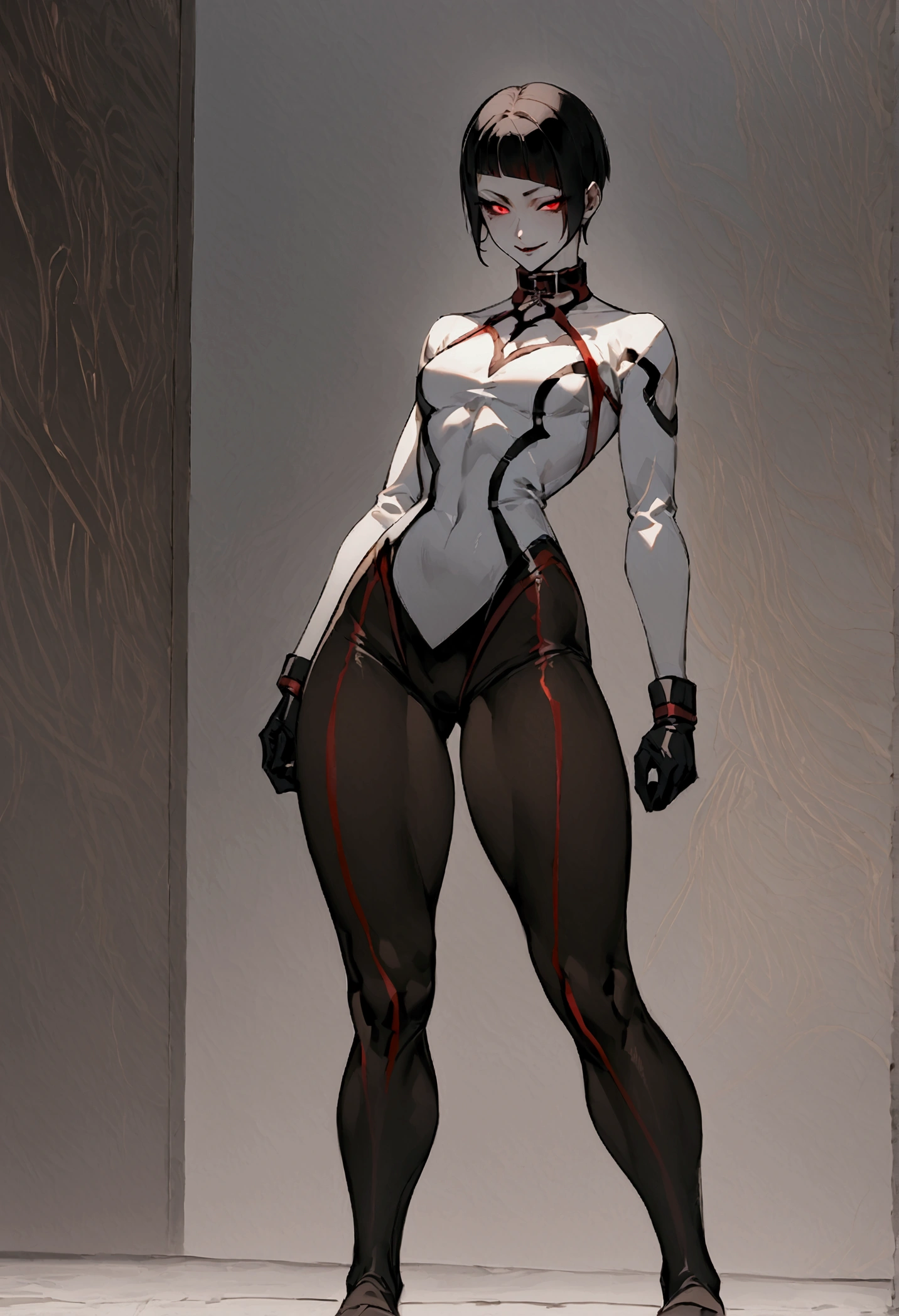 fully body,standing,alone,short hair,work of art,face detailed,young fitness linda,Wearing black pantyhose,tight white sweater with collar ,neckleace,evil smile,red eyes glowing,labiaa,eye shadow,bangs on the eyes,black gloves