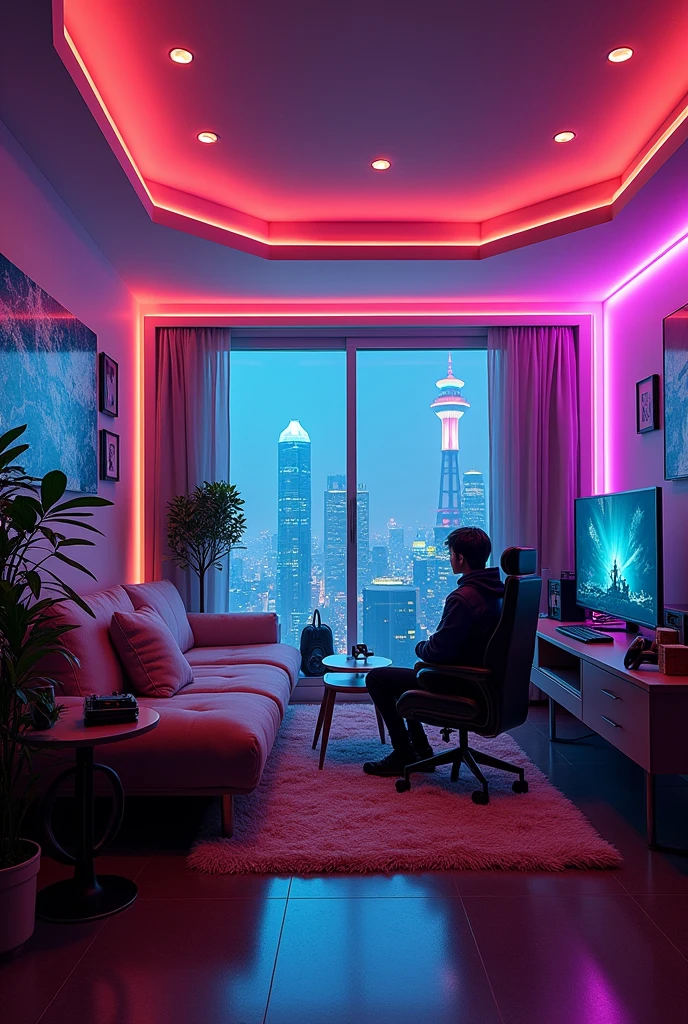 There is a room with a sofa on the left , and a television on the right , in a cyberpunk themed room, Neon ambient lighting, cyberpunk bedroom, futuristic room, cyberpunk apartment, retro futuristic apartment,, with neon lighting, cinematic neon lighting, OLED lights in the corners, games room in 2 0 4 0, Neon Accent Lights