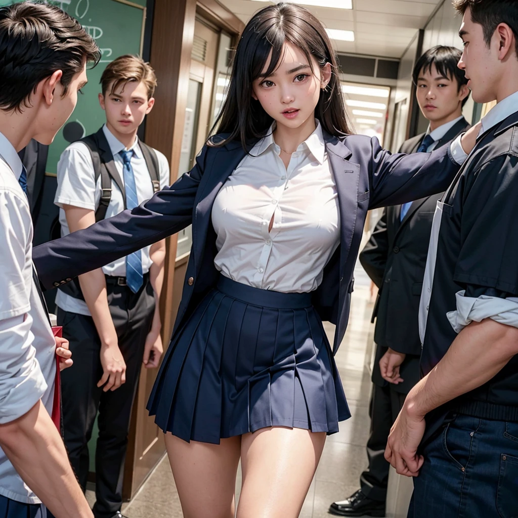 A pure  surrounded by excited high school students, Her school uniform is ripped to reveal her sexy underwear, A high school boy grabs my breasts from behind, A high school student touches my crotch and makes me wet, The hem of your skirt is pulled upwards forcefully, Anatomically correct, Being molested by a group of men, I was surprised by the viewers&#39; gazes., Beautiful wavy bob hair, Embarrassed to be seen, I open my mouth and scream, blush, Body turns bright red, Wet with sweat, Increased sensitivity, Tears overflow from your beautiful eyes, Ultra-high resolution, Slender body, Japanese, Cowboy Shot