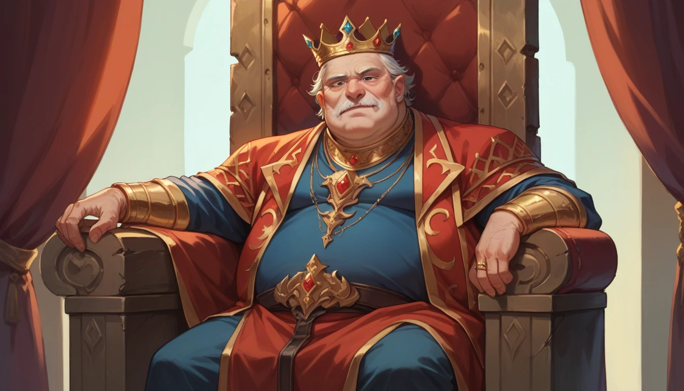 score_9, score_8_up, score_7_up, score_6_up, epic dark fantasy art of a corrupt fat king sitting on a throne, 1boy, solo, old man, fat man, royal clothes, crown