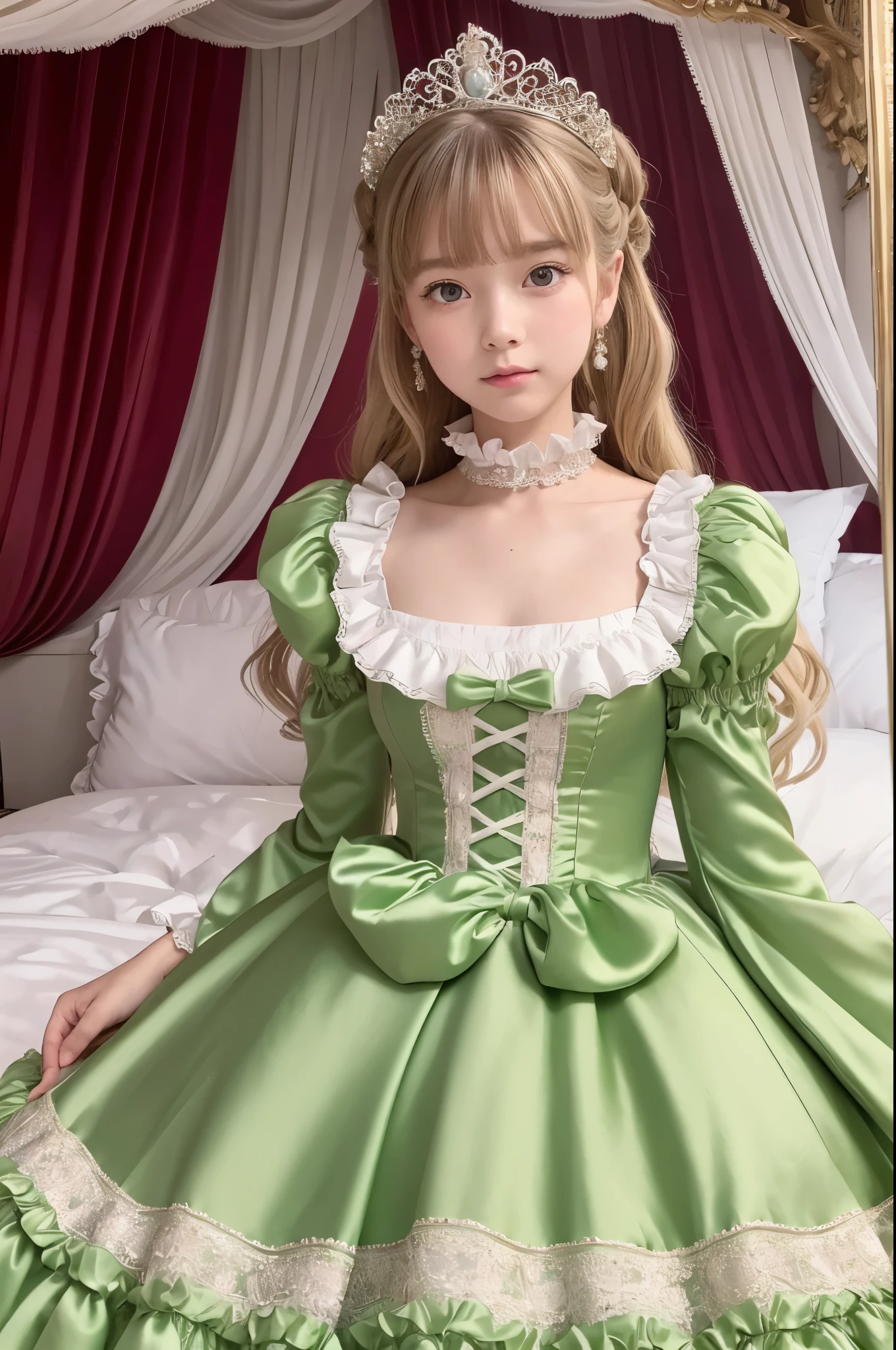 highest quality, masterpiece, highest resolution, artwork, super それにget used to it, many get used to it, get used to it, それにget used to it, 3k realistic pictures,,(( old little girls)),Ultra-detailed juvenile face,ultra-detailed beautiful little girls,girls are princess,full length ball gown dress with hoop skirt,ruffled yoke collar,puff sleeves,long sleeve,((Lolita e light green detailed princess satin dress with lots of ruffles and ribbons)),Rococo style lolita fashshiny satin dress,Soft and smooth fabric,detailed princess dress,luxury,long blonde hair,blue eyes,white skin european,Pajama,((in the bedroom of the palace)),luxury princess canopy king size pink bed,shiny satin sheets,ultra-detailed princess bed,High-quality background,lot of frilled pillows,on the bed,
