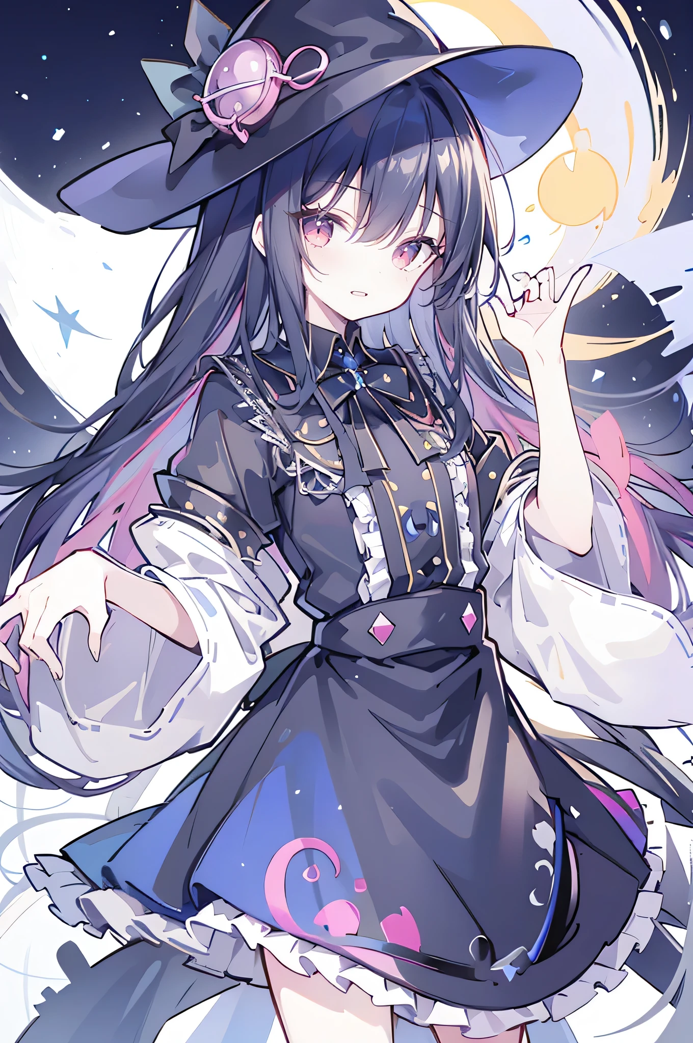 oung Girls,Humanity,A magician always smiles,big witch hat,cute,dark blue long hair,The eyes are dull,The bangs are heavy,Thin eyebrows,fantasy,intake,Double teeth,Star Theme,Constellation pattern,Solid color clothetal decoration,cloak,A bit of a dark atmosphere,A little crazy smile,When the big moon shines outside at night,blood,Hair black star embellishment,Short tie,No nails,High waist skirt,Bell sleeves,Long-sleeved shirt,Black tie,low risk,gentlemen。Mist、Yellow and white effect,Shocking pink as an accent color