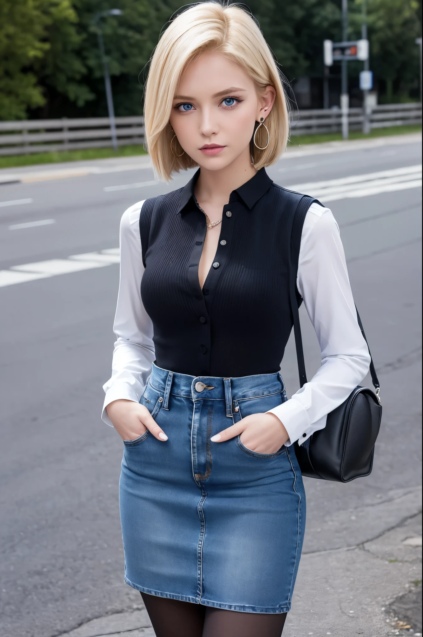 8k,Highest quality, High resolution, AND18, One Girl, Android 18, alone, Blonde, blue eyes, short hair, Earrings, jewelry, Denim dress, Open Vest, Black Pantyhose, Black Shirt, Jeans Skirt, long sleeves with stripes, Blue Skirt, Medium chest, Cowboy Shot, street, (External dilated chest: 1.2) The body's aura is released (Blue white light effect),Highest qualityのフォトリアリスティックRAW写真。Backlight、Cinema Lighting、Film Grain、50mm lens、Nikon D850、Realistic Skin、Fantasy art、Character Art、超High resolution、muscular and slim body、超Realistic Skin、Super Muscular Beauty,smile,