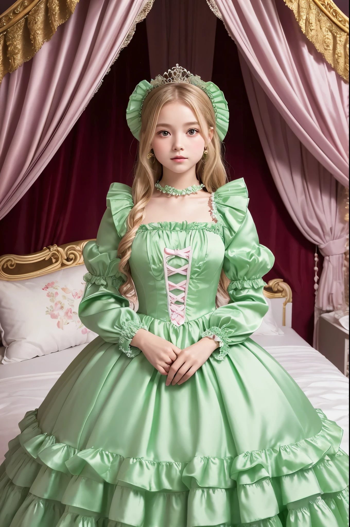 highest quality, masterpiece, highest resolution, artwork, super それにget used to it, many get used to it, get used to it, それにget used to it, 3k realistic pictures,,((12 year old s)),Ultra-detailed juvenile face,ultra-detailed beautiful little girl princess,full length ball gown dress with hoop skirt,ruffled yoke collar,puff sleeves,long sleeve,((Lolita style light greetailed princess satin dress with lots of ruffles and ribbons)),Rococo style lolita fashion,shiny satinss,Soft and smooth fabric,detailed princess dress,luxury,long blonde hair,blue eyes,white skin european,Pajama,((in the bedroom of the palace)),luxury princess canopy king size pink bed,shiny satin sheets,ultra-detailed princess bed,High-quality background,lot of frilled pillows,on the bed,
