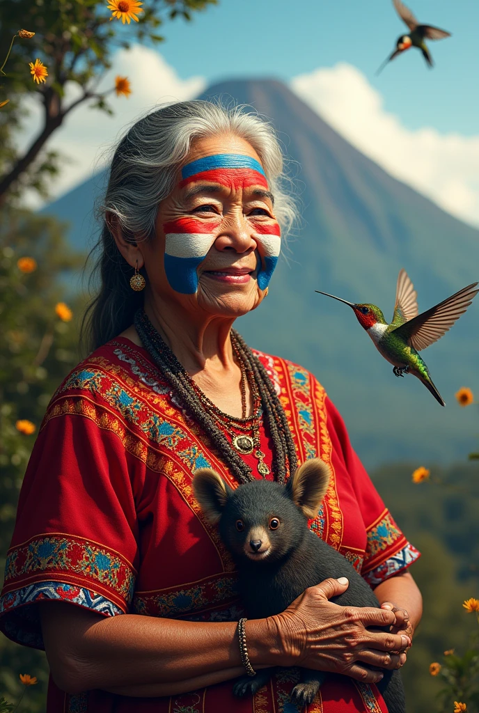 Create an image of an old lady with a typical Costa Rican costume that is the color of the Costa Rican flag and that has the Costa Rican flag painted on her face and that has the Arenal volcano in the background with hummingbirds and a sloth bear