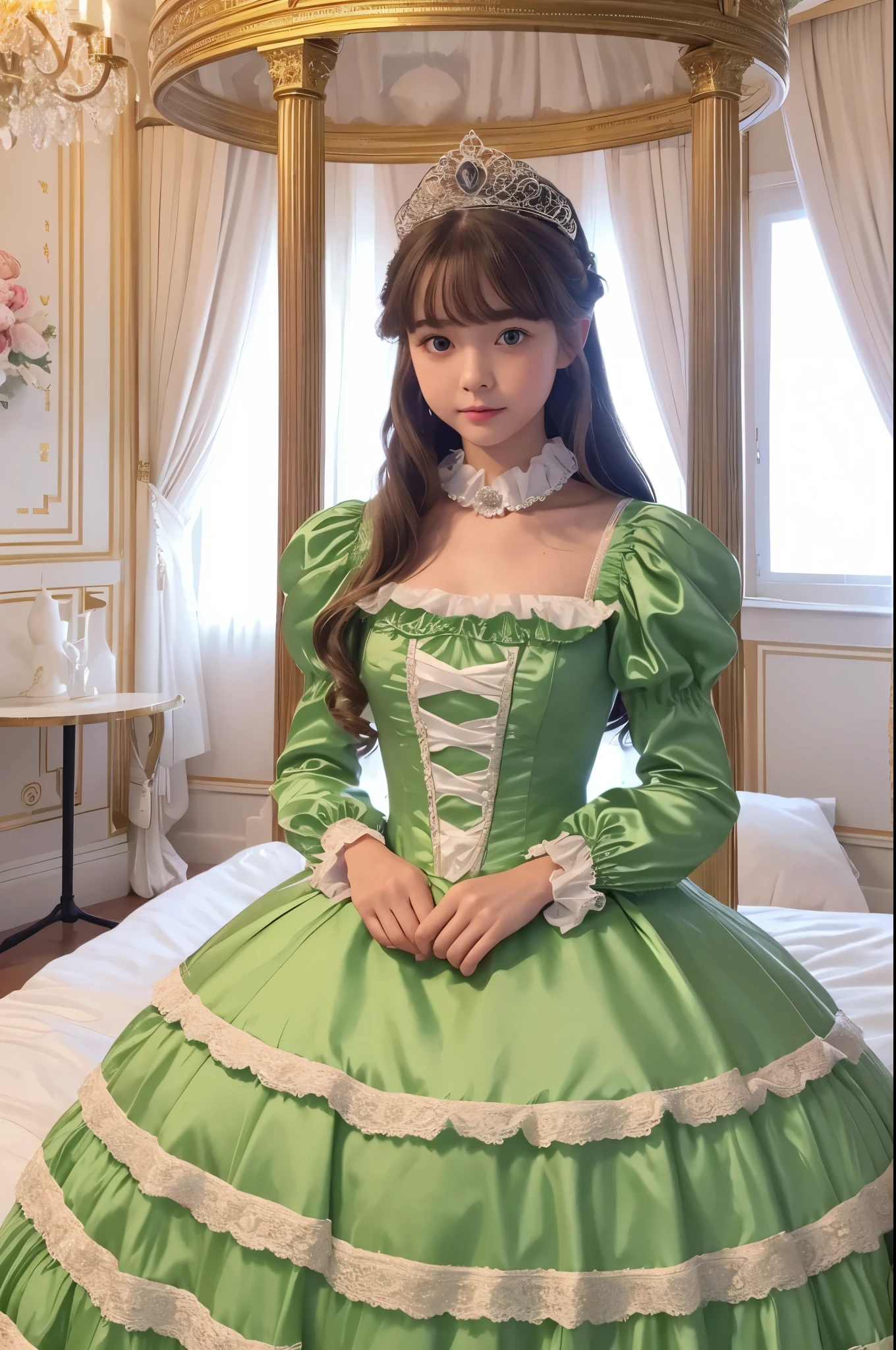 highest quality, masterpiece, highest resolution, artwork, super それにget used to it, many get used to it, get used to it, それにget used to it, 3k realistic pictures,,(( girls)),Ultra-detailed juvenile face,ultra-detailed beautiful little girls,girlsrincess,full length ball gown dress with hoop skirt,ruffled yoke collar,puff sleeves,long sleeve,((Lolita style light green detailed princess satin dress with lots of ruffles and ribbons)),Rococo style lolita fashion,shiny satin dress,Soft and smooth fabric,detailed princess dress,luxury,long blonde hair,blue eyes,white skin european,Pajama,((in the bedroom of the palace)),luxury princess canopy king size pink bed,shiny satin sheets,ultra-detailed princess bed,High-quality background,lot of frilled pillows,on the bed,
