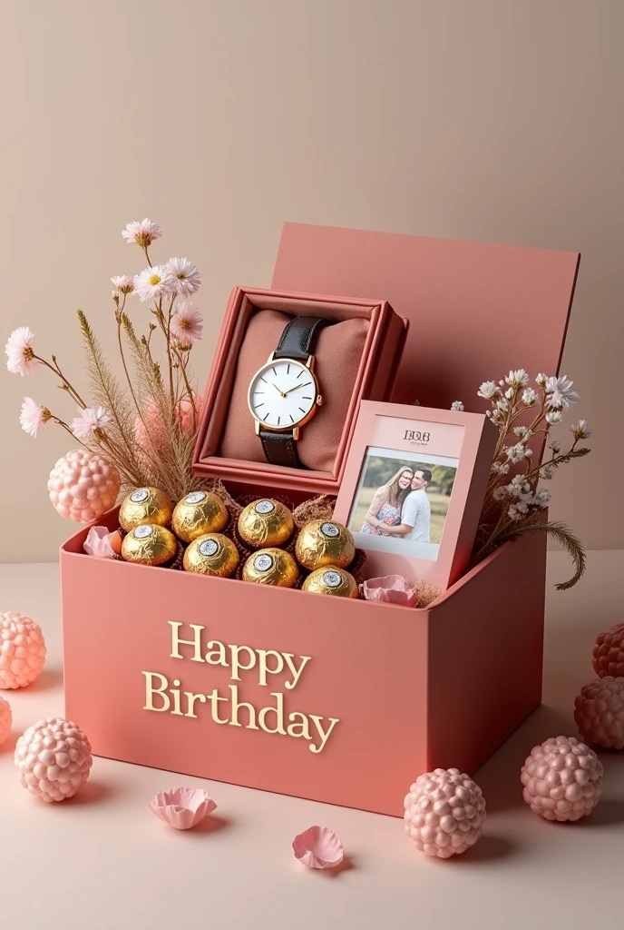 Image of a gift box with a ladies watch box and a phto frame of a couple and filled with ferraro richer chocolate and flower inside the box kept vertically in the box and in a top veiw and written happy birthday on the box