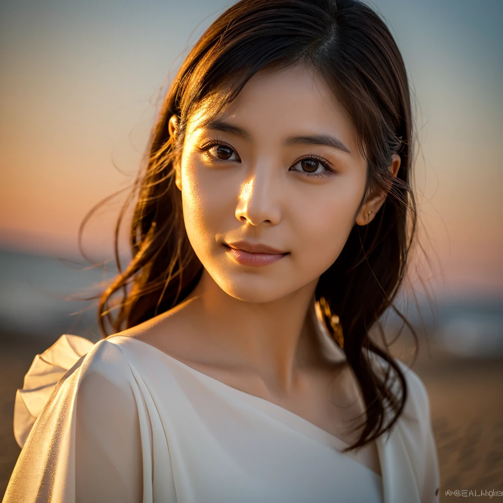 A stunning Japanese model-actress in her late 20s, showcasing timeless beauty with impeccable, real-looking skin captured in 4K resolution. Her smooth, fair skin has a natural, slightly dewy finish, highlighting her healthy, radiant complexion. She has straight, jet-black hair that frames her face perfectly, falling just past her shoulders. Her large, almond-shaped eyes are a deep, warm brown, exuding both confidence and elegance. She is dressed in a flowing, elegant white gown. The image is focused on her face and shoulders, capturing her serene expression and the fine details of her features. The background shows a serene beach at sunset, with the golden light of the setting sun casting a warm glow on her face. The composition highlights her captivating presence, with her calm and contemplative expression and a subtle, enigmatic smile.