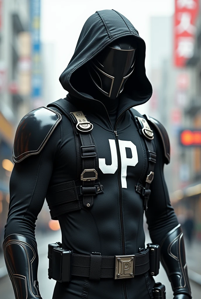 create a superhero with a uniform that mixes soldier and ninja and the uniform has a jp on the chest of the uniform and the color is black and white of the uniform  with military and ninja style uniform and to put on the face a mask on the mouth and one on the eyes  no hood  