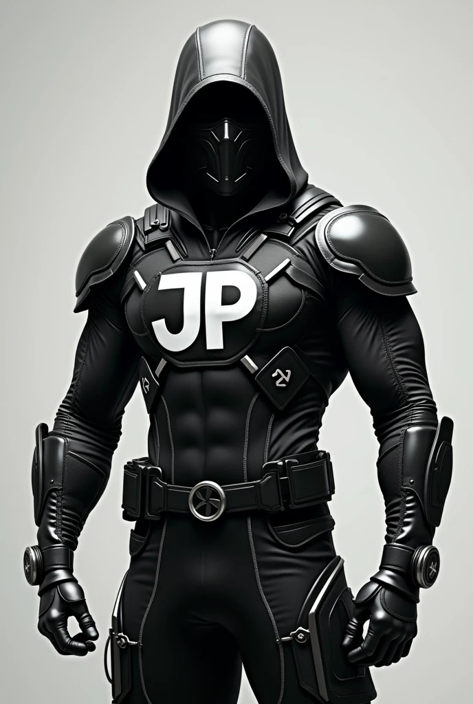 create a superhero with a uniform that mixes soldier and ninja and the uniform has a jp on the chest of the uniform and the color is black and white of the uniform with military and ninja style uniform and to put on the face a mask on the mouth and one on the eyes no hood