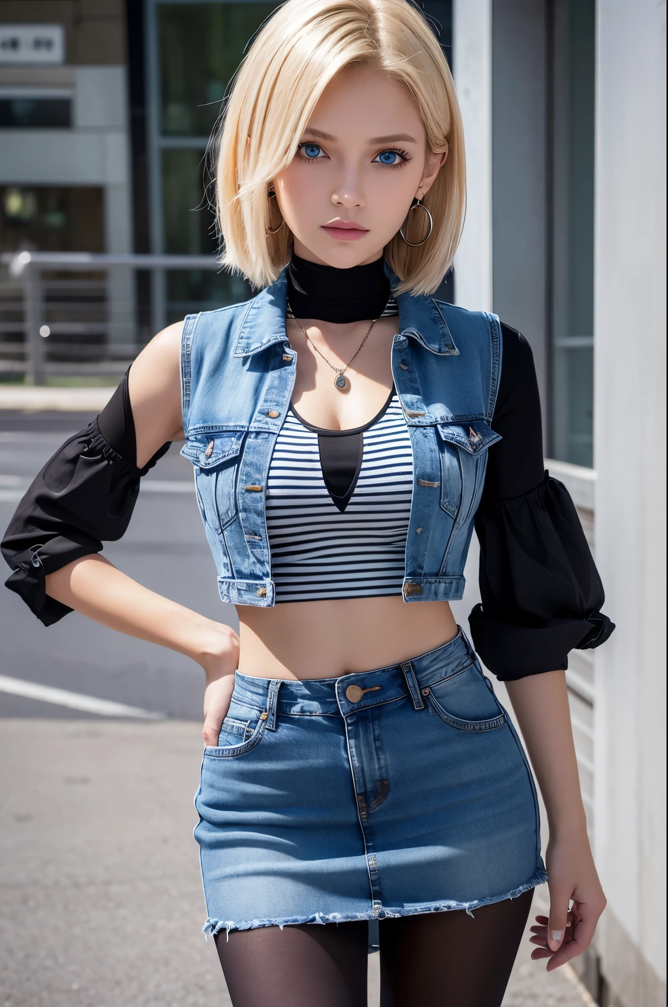 8k,Highest quality, High resolution, AND18, One Girl, Android 18, alone, Blonde, blue eyes, short hair, Earrings, jewelry, Denim dress, Open Vest, Black Pantyhose, Black Shirt, Jeans Skirt, long sleeves with stripes, Blue Skirt, Medium chest, Cowboy Shot, street, (External dilated chest: 1.2)　The body&#39;s aura is released　(Blue white light effect),Highest qualityのフォトリアリスティックRAW写真。Backlight、Cinema Lighting、Film Grain、50mm lens、Nikon D850、Realistic Skin、Fantasy art、Character Art、超High resolution、muscular and slim body、超Realistic Skin、Super Muscular Beauty,smile,