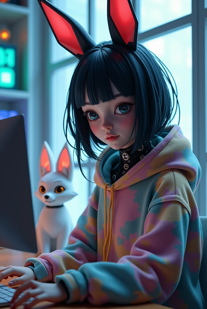 Black medium long hair with black rabbit ears and black eyes, ustida moviy fudbolka boynida gulli rang barang  sharf  chiroyli robot qiz computer qarab Katta  deraza yonida otiribti yonida toqqiz dumli Tulki bor  3d