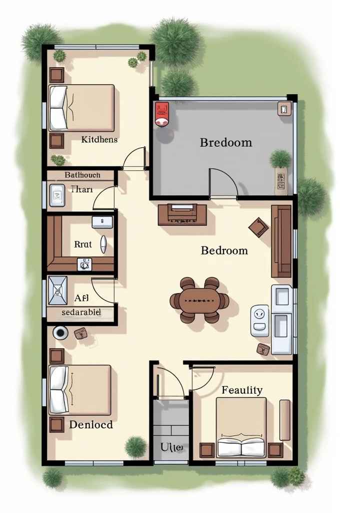 Create a 3 bedroom one living room house plan, a kitchen and a bathroom