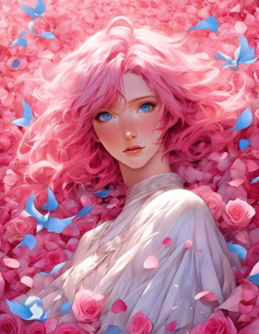 Beautiful anime angel with pink hair and blue eyes surrounded by rose petals