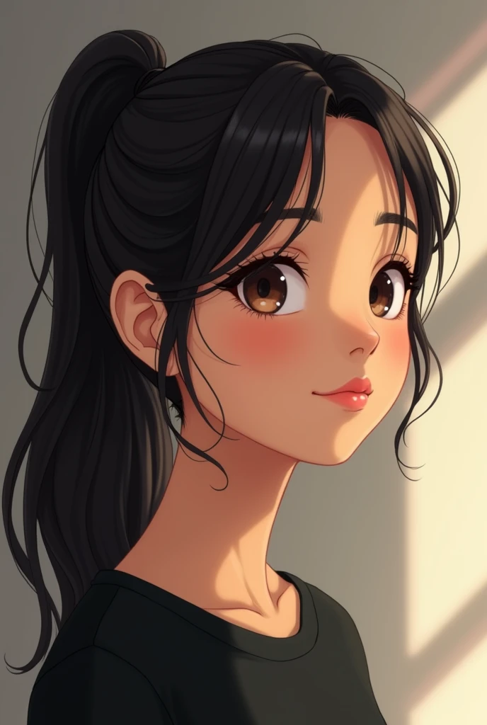 Create a close-up illustration of a beautiful 13 year-old South Asian girl brown colour girl . She has beautiful small eyes . Black t shirt . .carefully styled her hair into a neat ponytail. The image should sideways and only capture her face